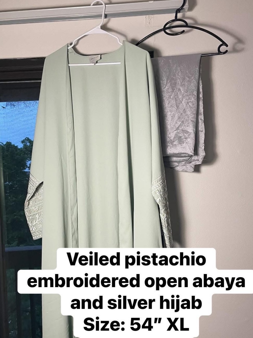 Veiled Pistachio Open abaya with Embroidered Sleeves